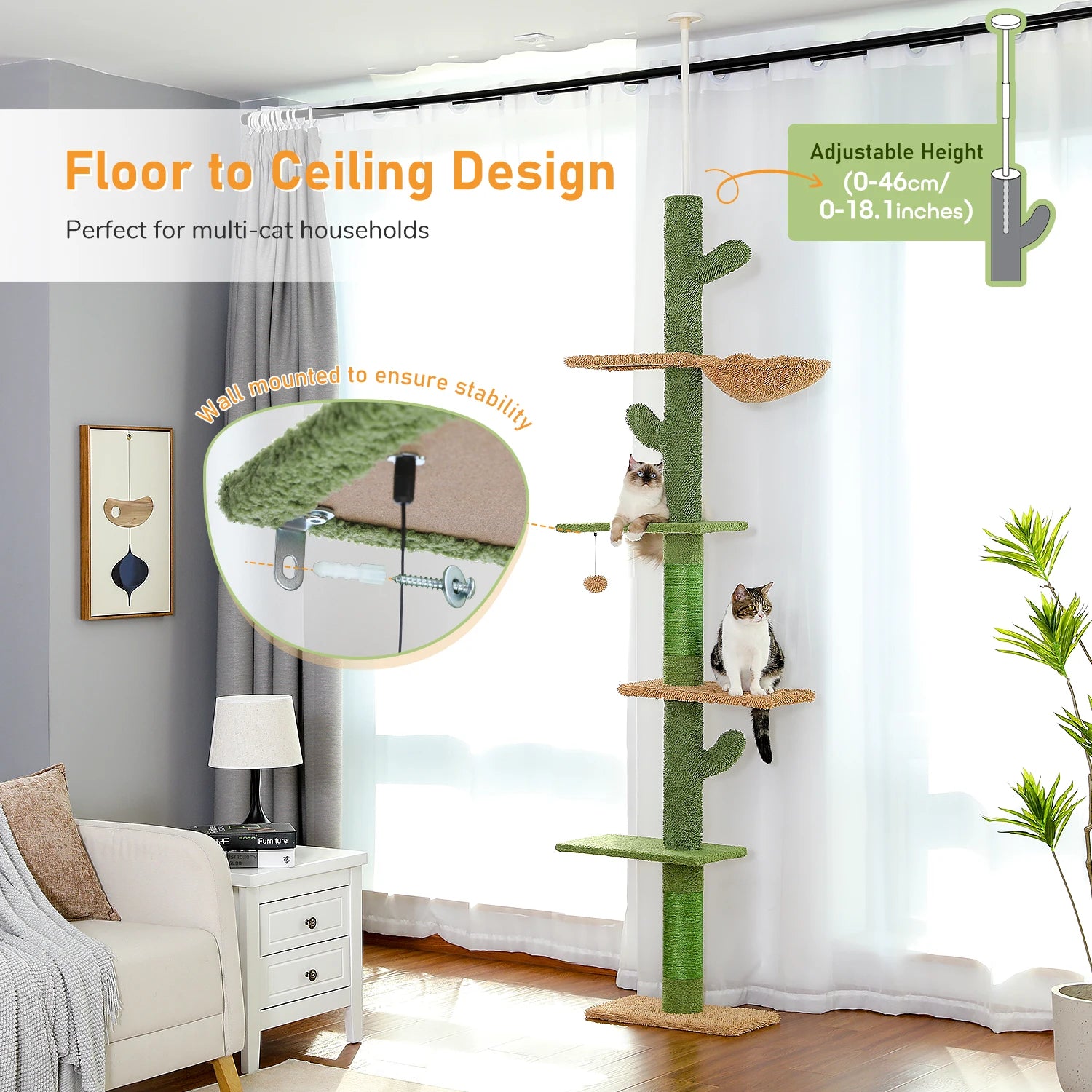 5-Tier Floor to Ceiling Cat Tower Scratching Post