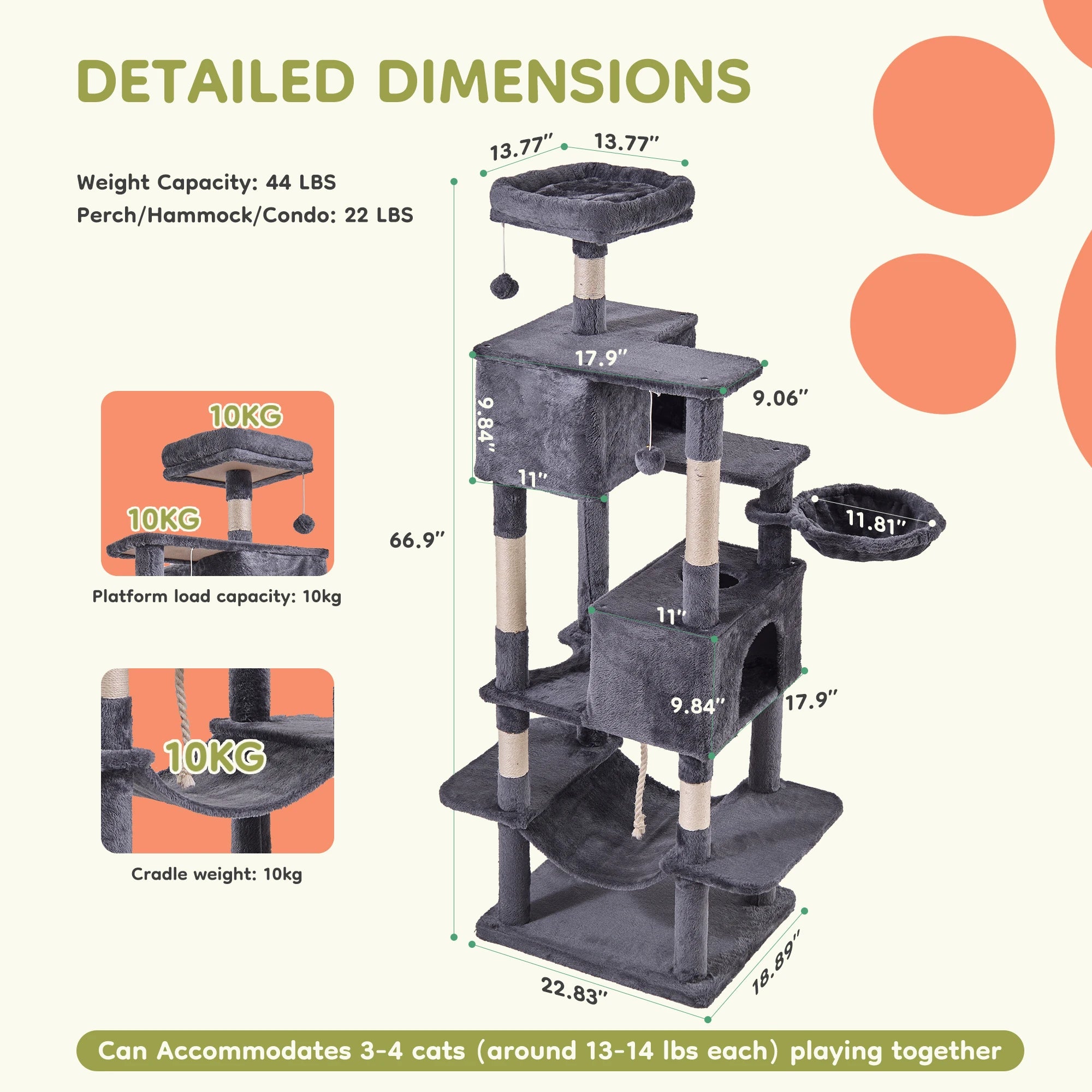 66 inch Cat Tree Tower Large Multi Level Cat