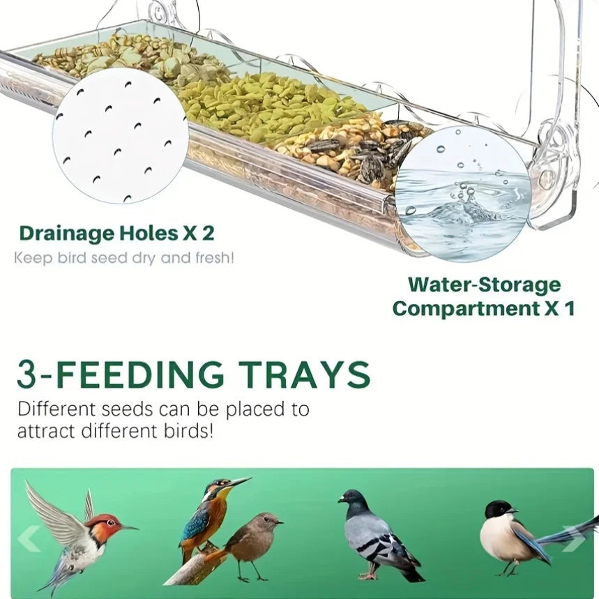 Window Bird Feeder with Removable Seed & Water Tray,