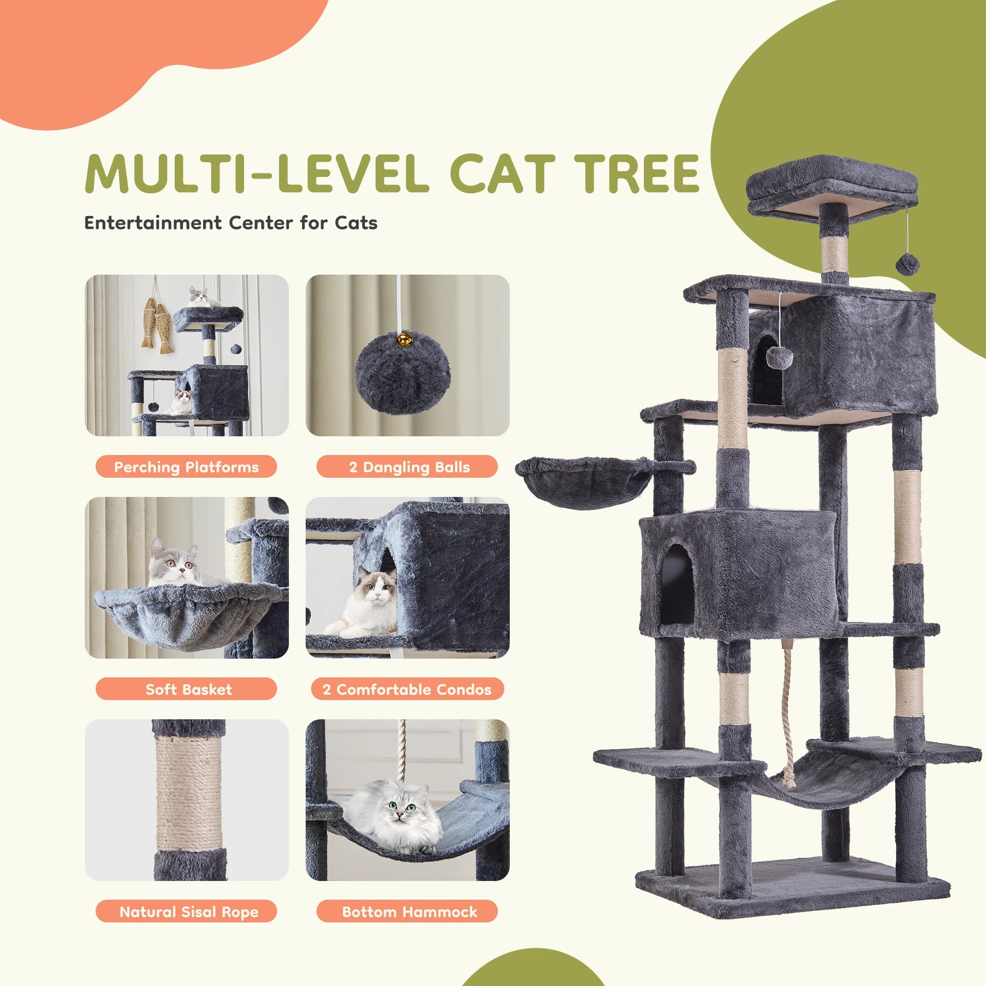 66 inch Cat Tree Tower Large Multi Level Cat