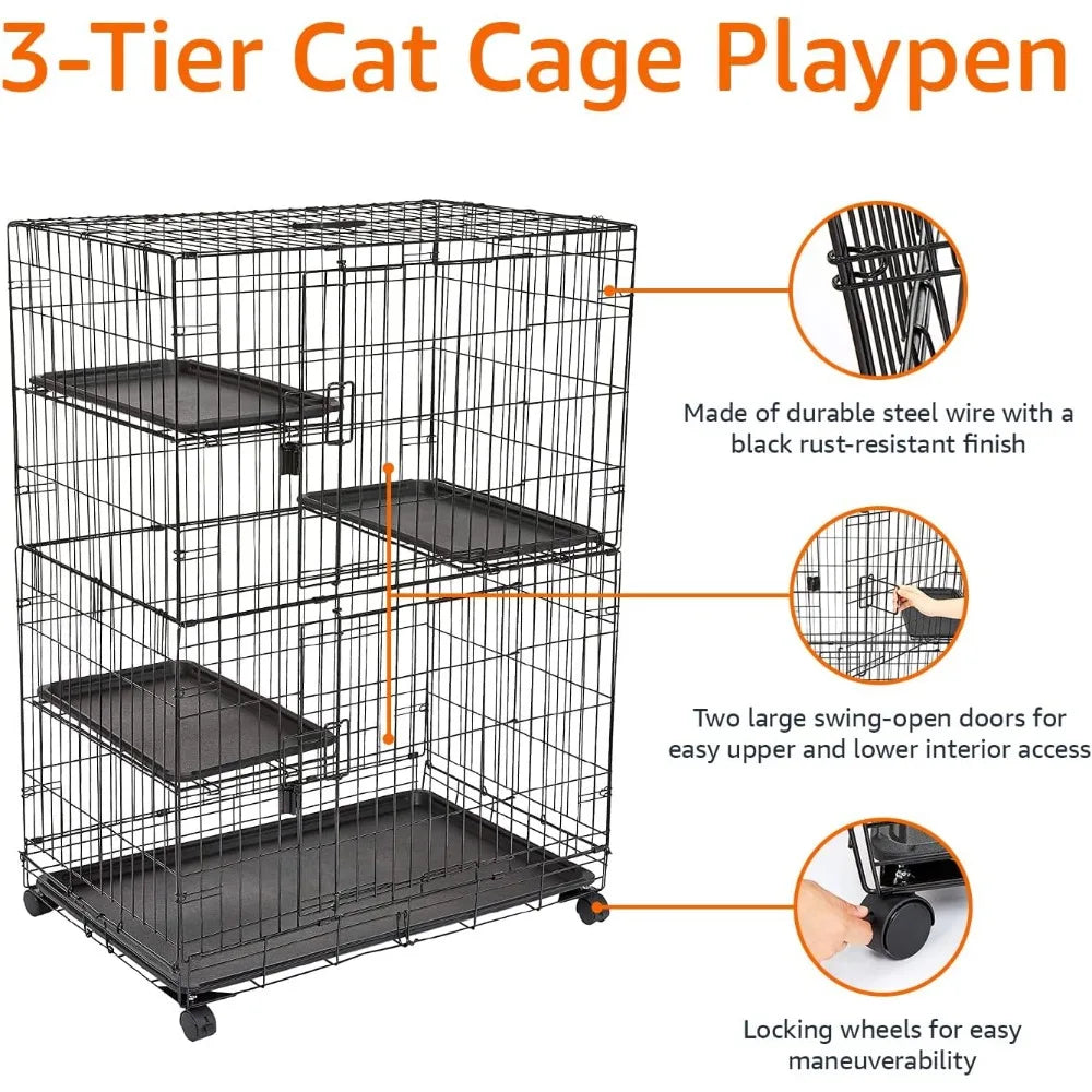3-Tier Cat Cage Playpen  Kennel - 35.8L x 22.4W x 50.6H, Black
