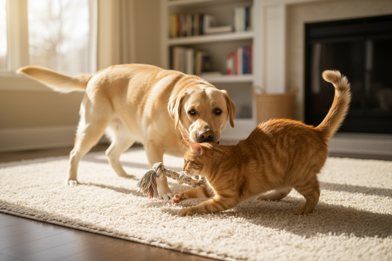 CREATE A REALISITC IMAGE OF A DOG AND CAT PLAYING MAKE THEM ORANGE CAT AND A LAB